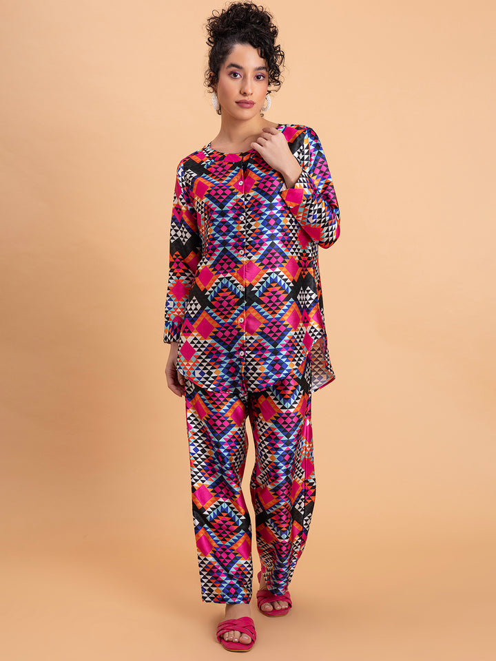 Multicolor Printed Satin Kurta Co-ords