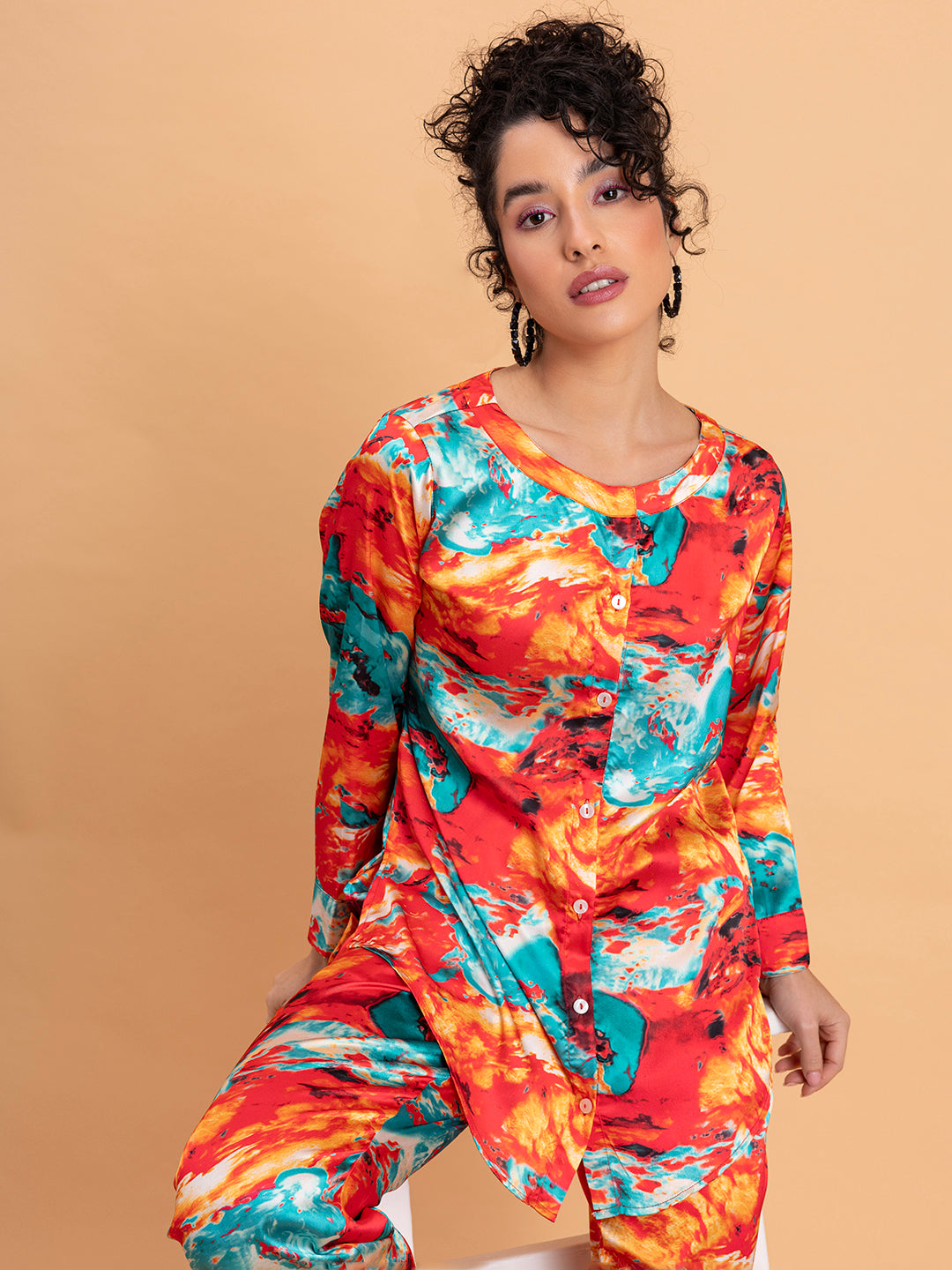 Red Printed Satin Kurta Co-ords