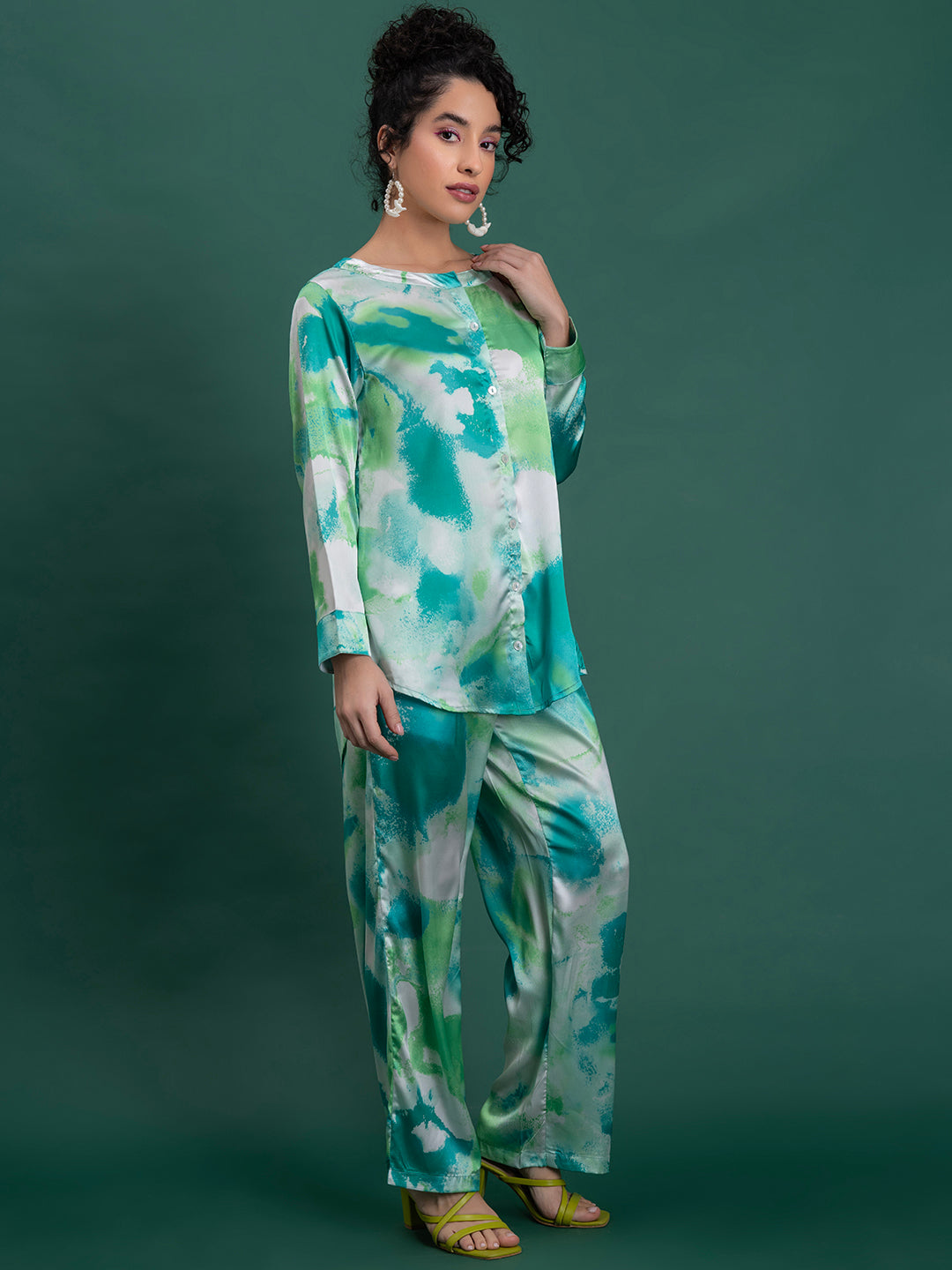 Green Printed Satin Kurta Co-ords