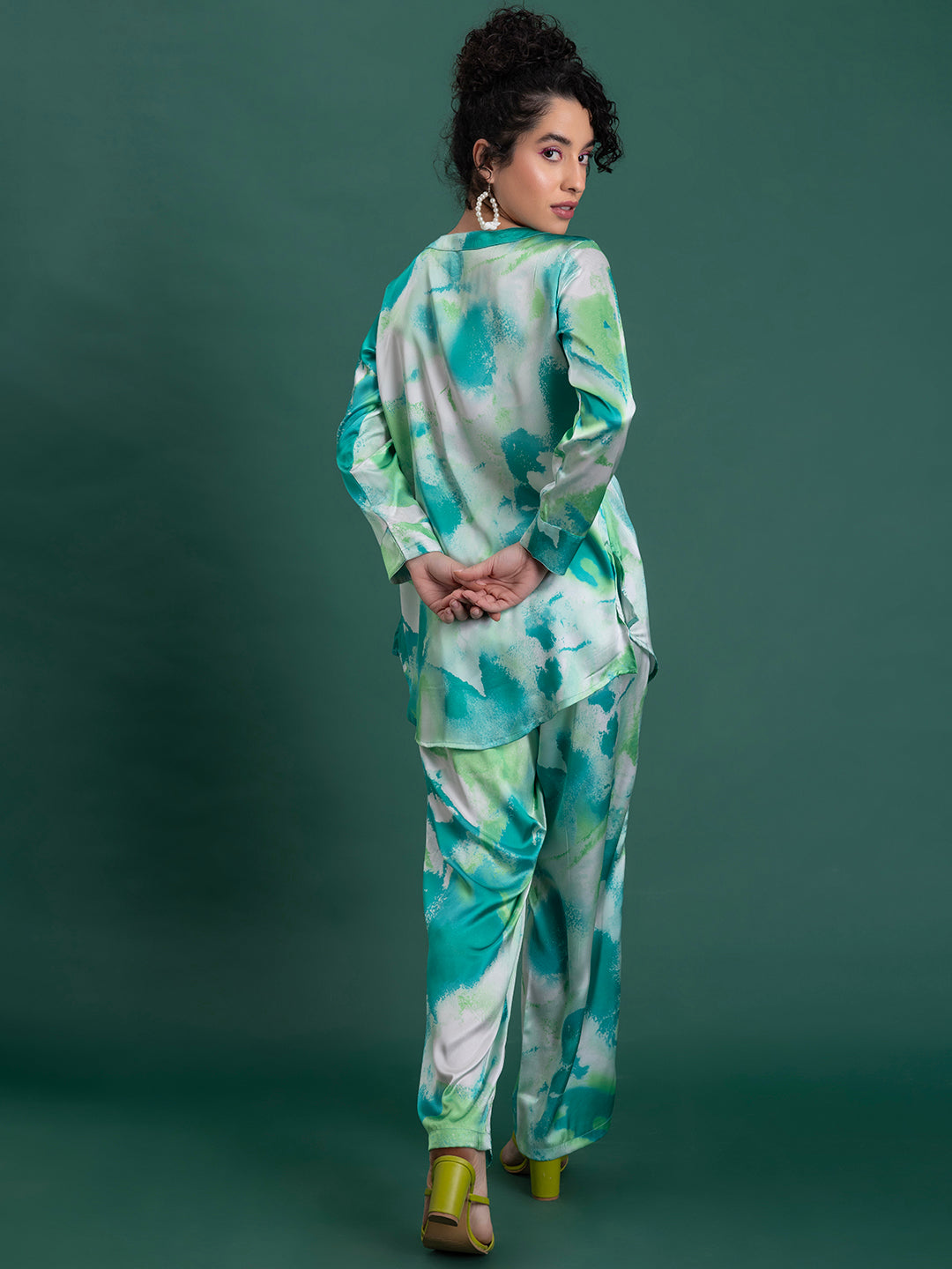 Green Printed Satin Kurta Co-ords