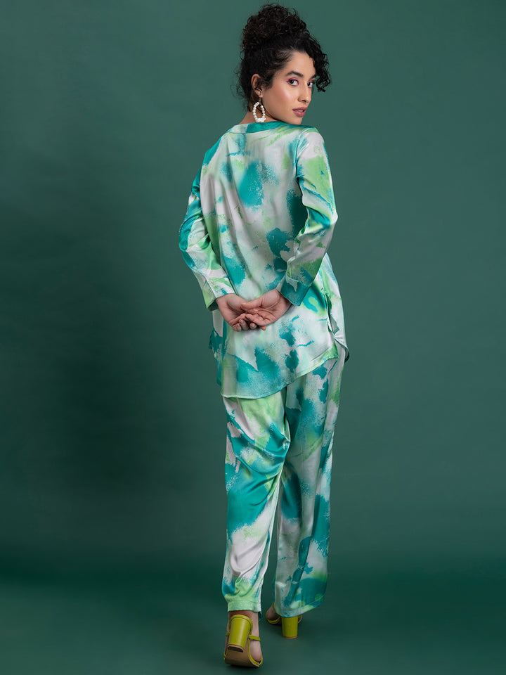 Green Printed Satin Kurta Co-ords