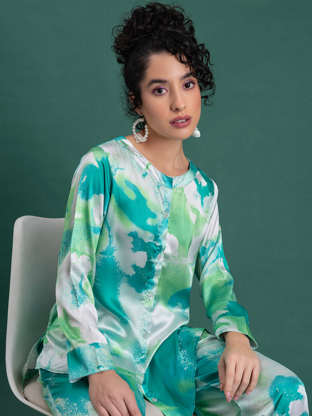 Green Printed Satin Kurta Co-ords