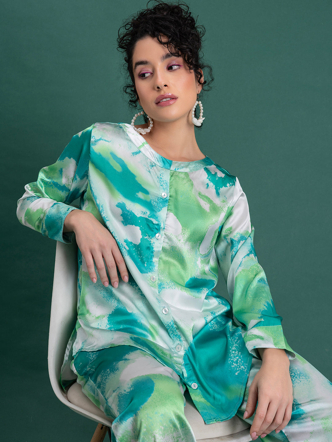 Green Printed Satin Kurta Co-ords