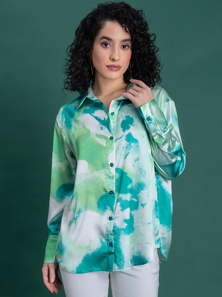 Green Printed Satin Relaxed Fit Shirt