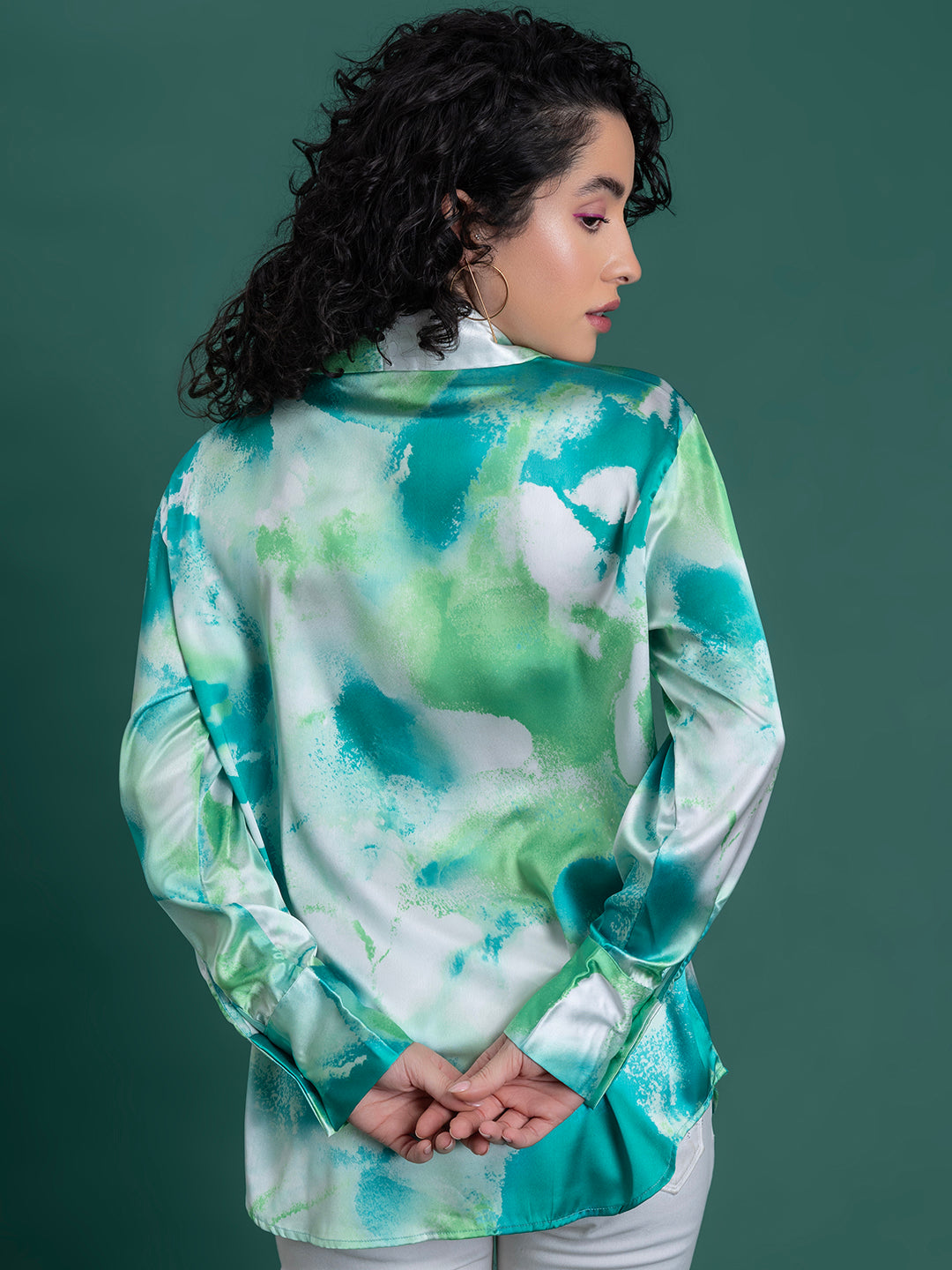 Green Printed Satin Relaxed Fit Shirt