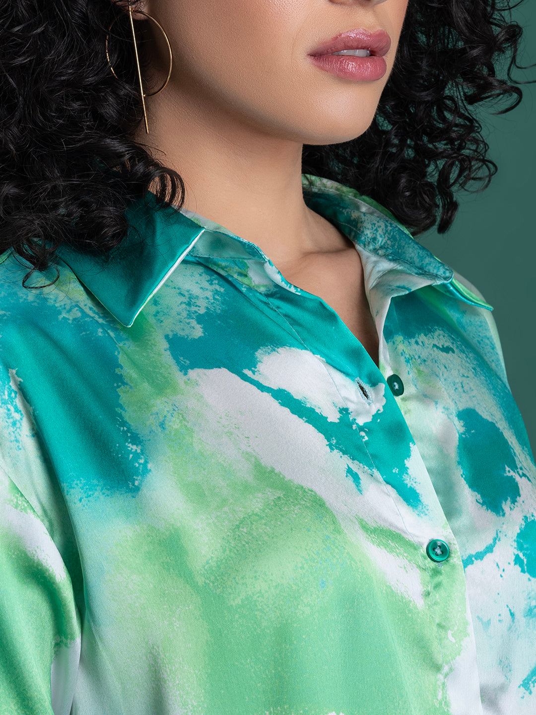 Green Printed Satin Relaxed Fit Shirt