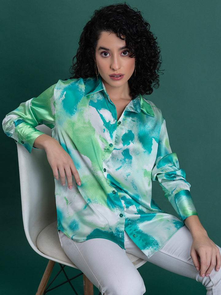 Green Printed Satin Relaxed Fit Shirt