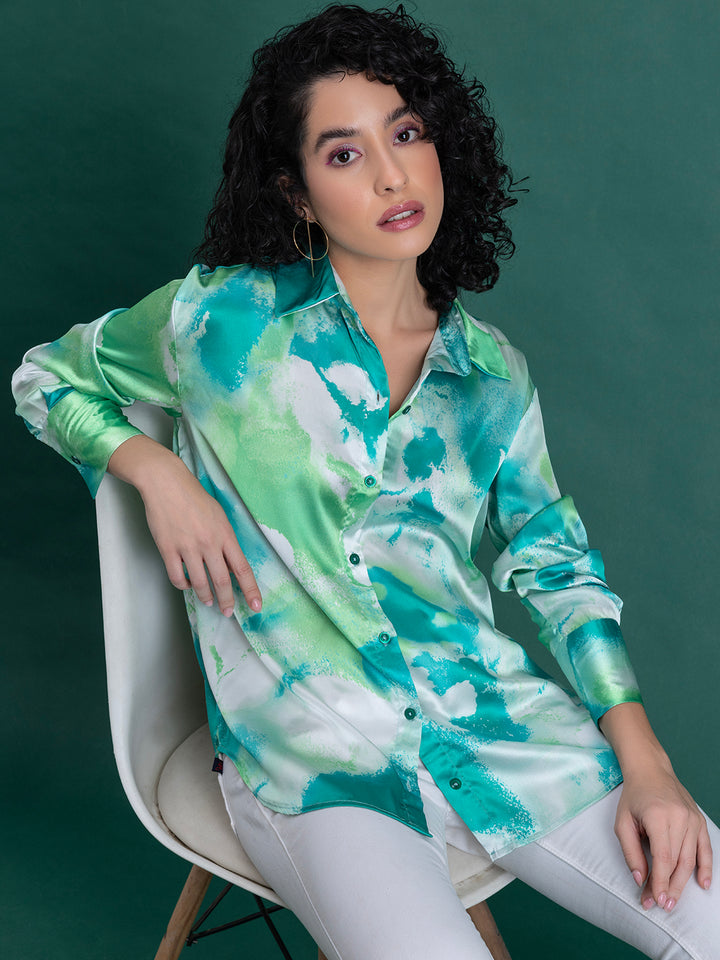 Green Printed Satin Relaxed Fit Shirt