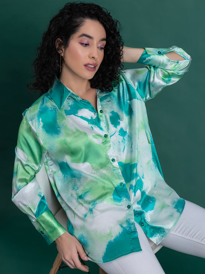 Green Printed Satin Relaxed Fit Shirt