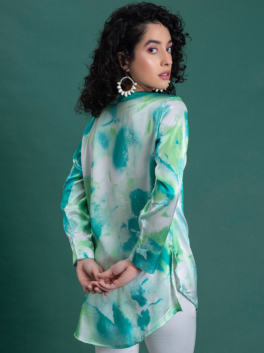 Green Printed Kurta Satin Relaxed Fit Shirt