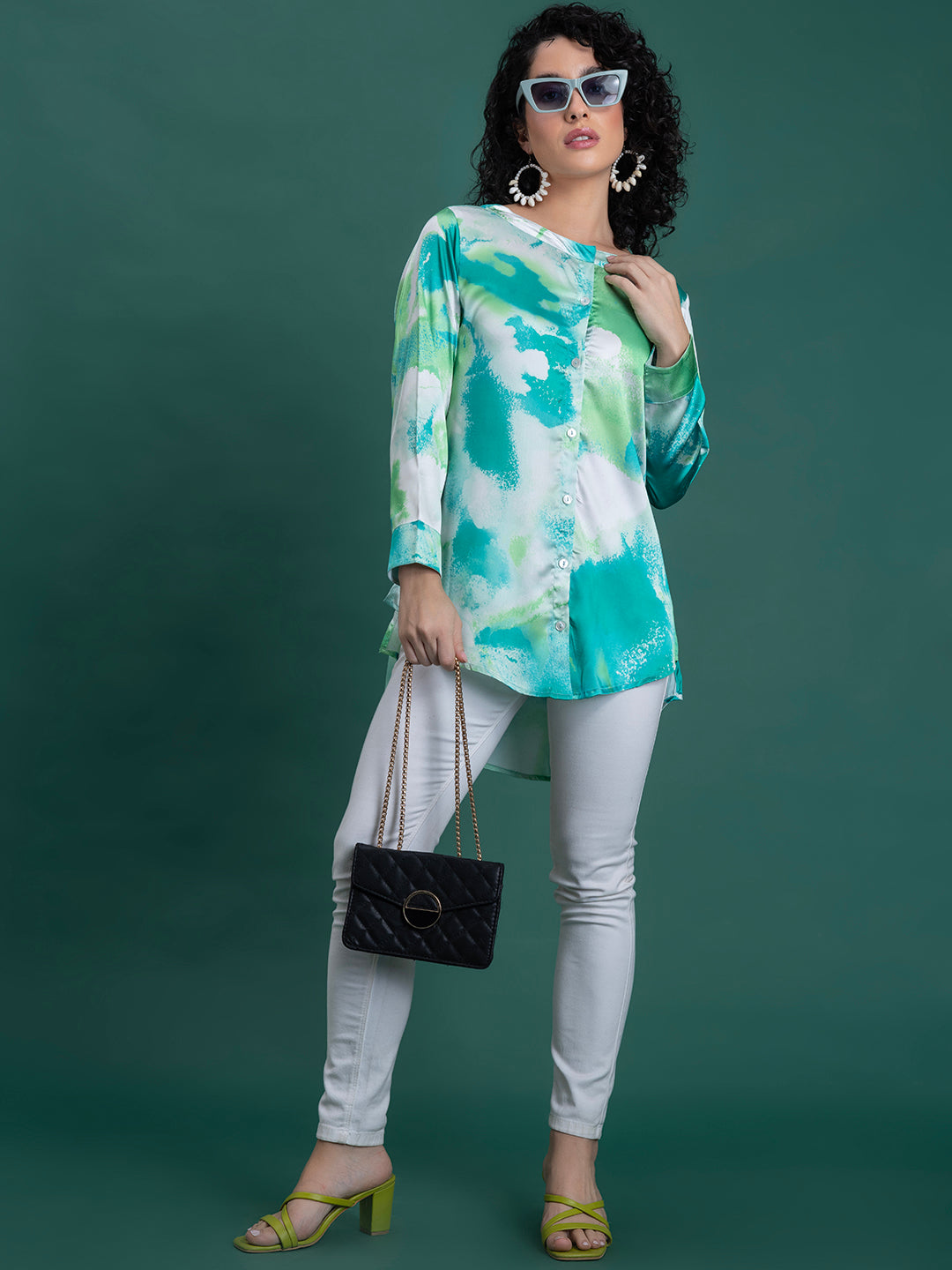 Green Printed Kurta Satin Relaxed Fit Shirt