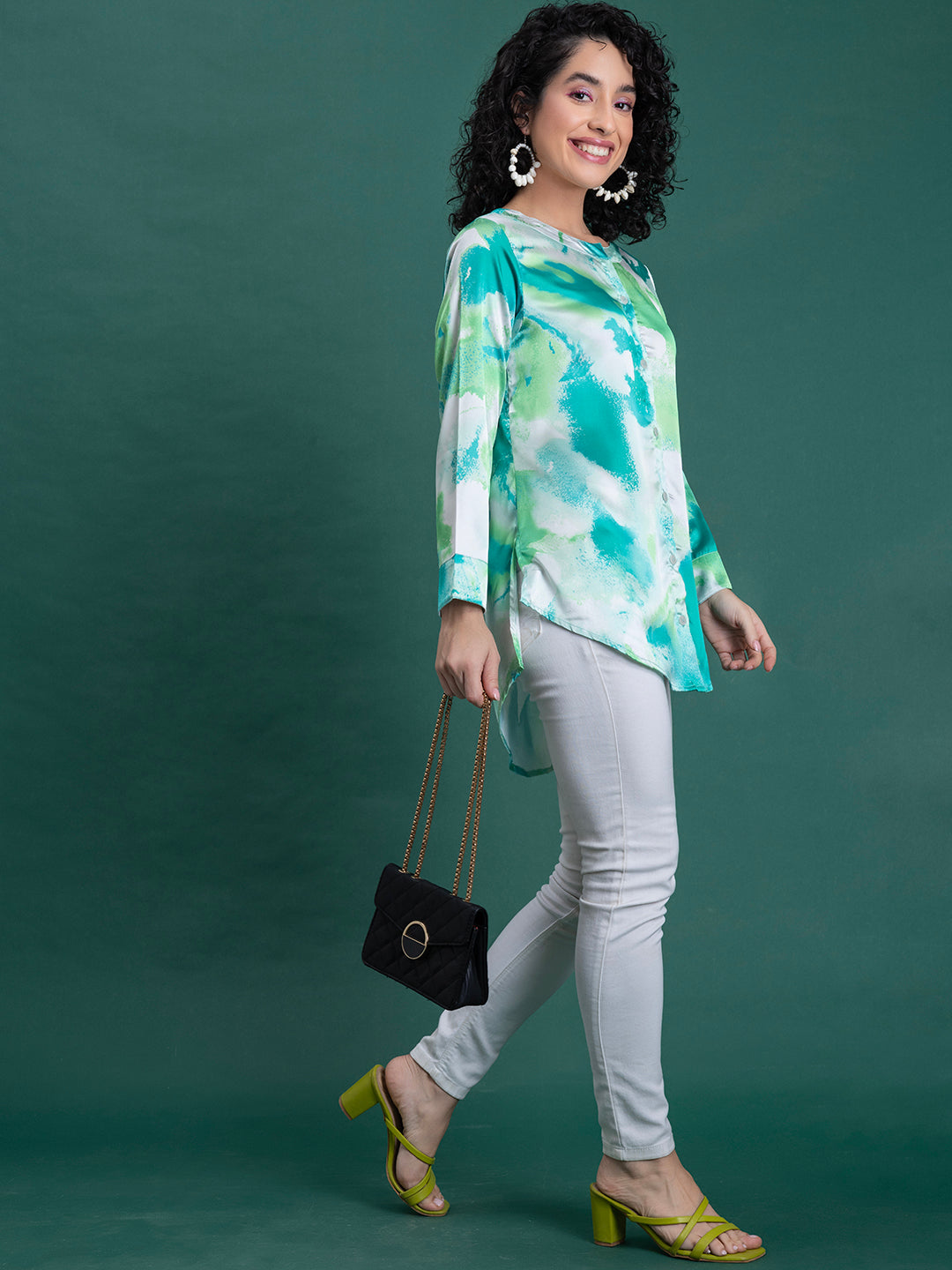 Green Printed Kurta Satin Relaxed Fit Shirt