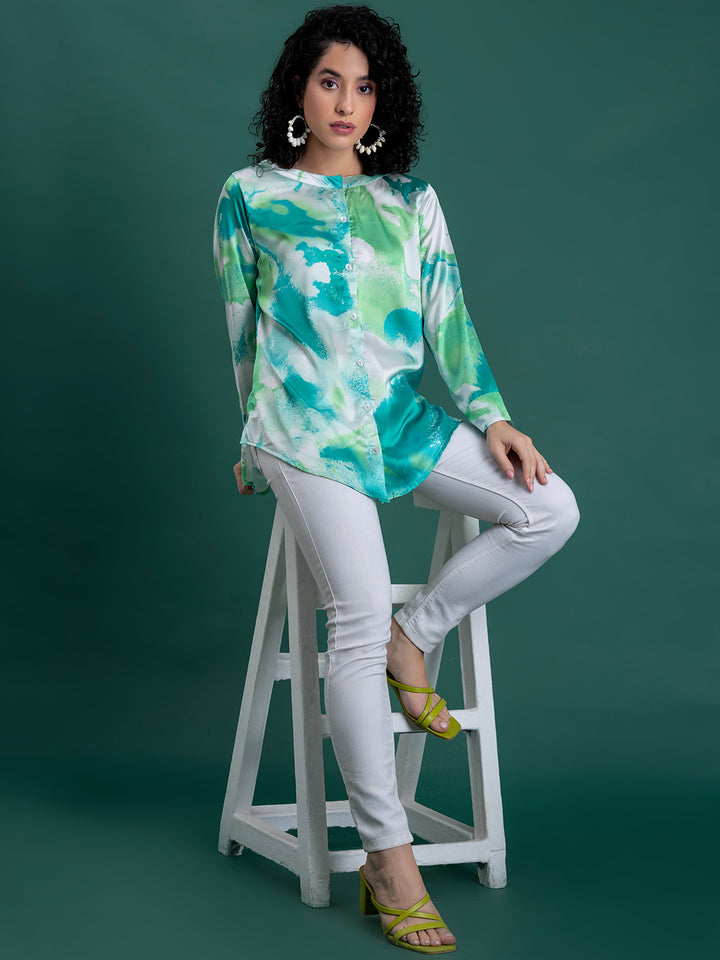 Green Printed Kurta Satin Relaxed Fit Shirt