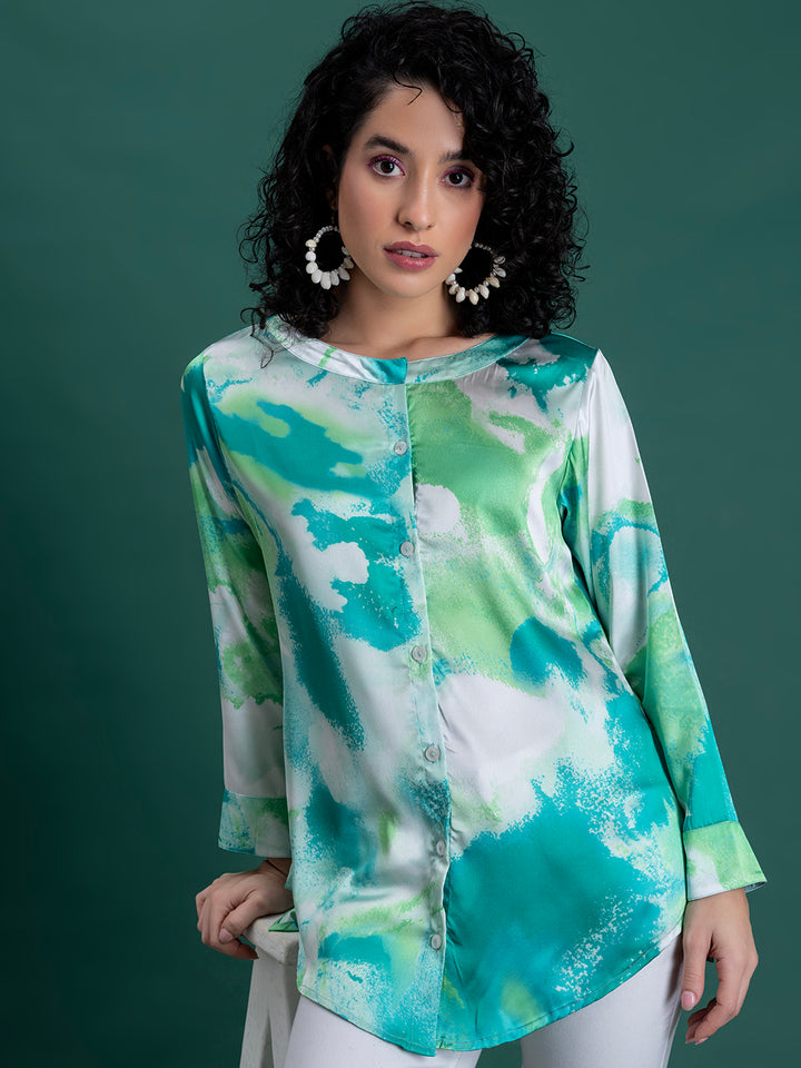 Green Printed Kurta Satin Relaxed Fit Shirt