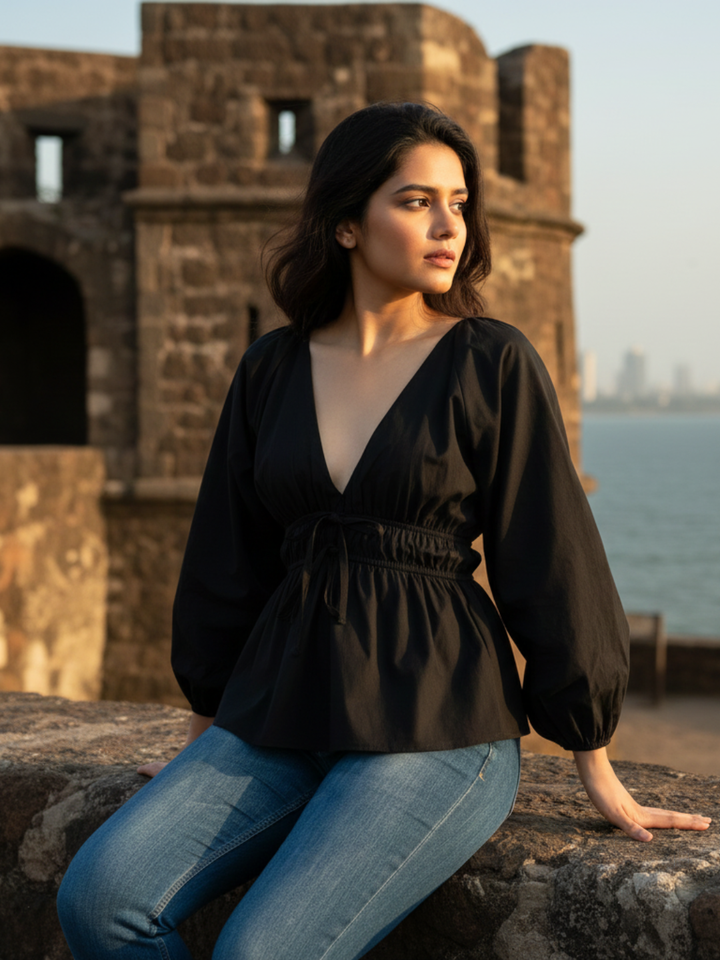 Lounge Dreams Black Poplin Cotton V-Neck Top