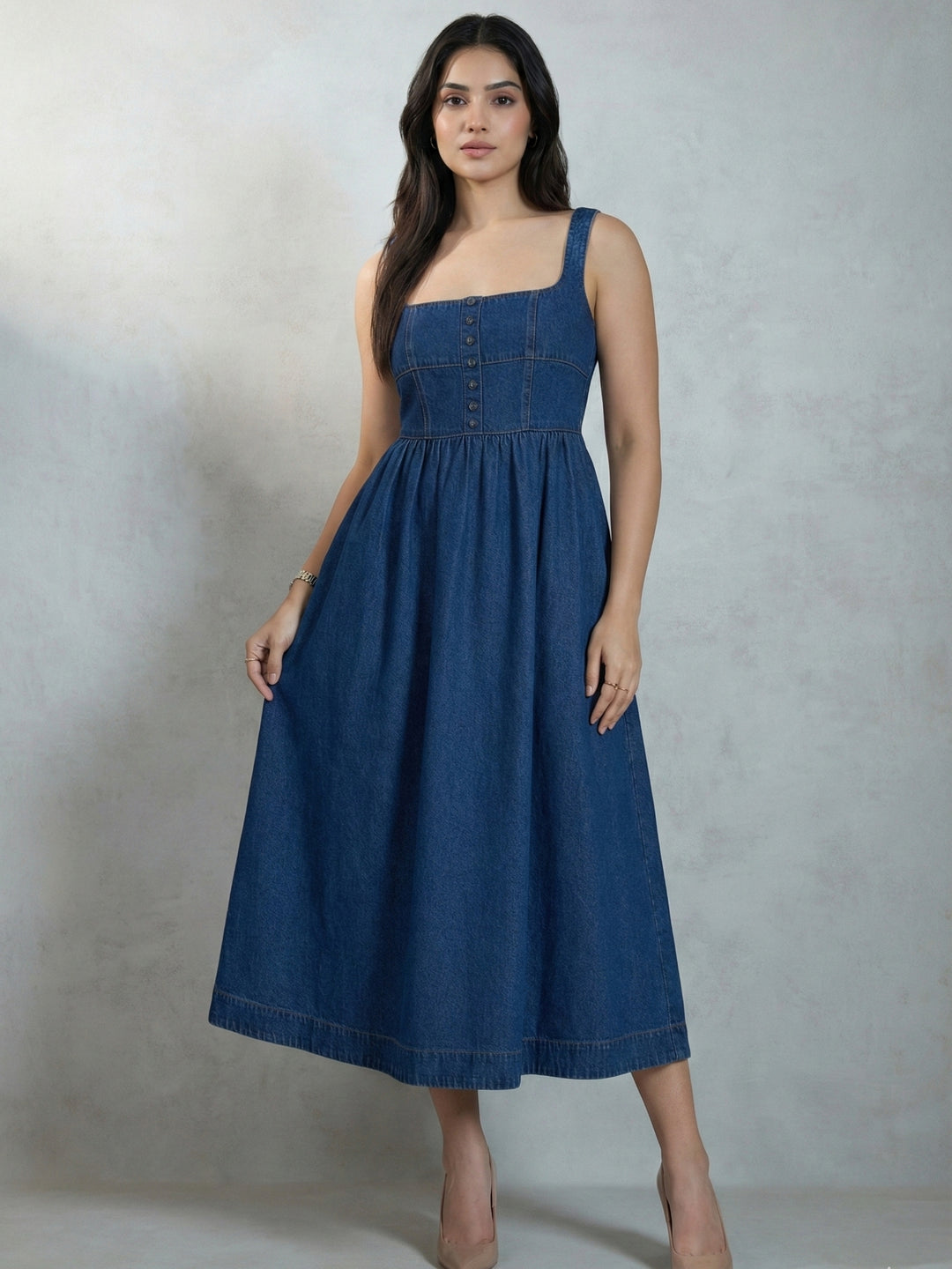 Blue Denim Flared Midi Dress