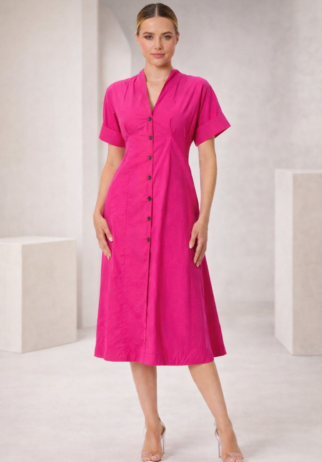 Pink Pure Cotton A-Line Buttoned Dress