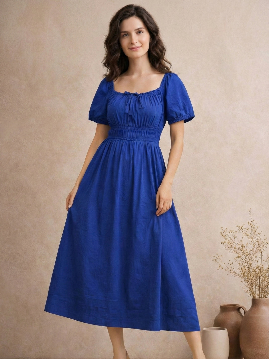 Blue Pure Cotton A-Line Smoked Waist Dress