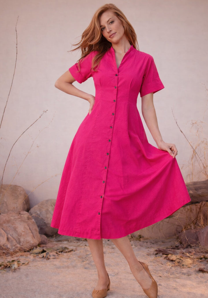 Pink Pure Cotton A-Line Buttoned Dress