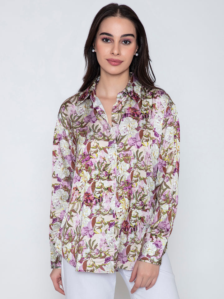 Purple Mariana Floral Printed Satin Relaxed Fit Shirt