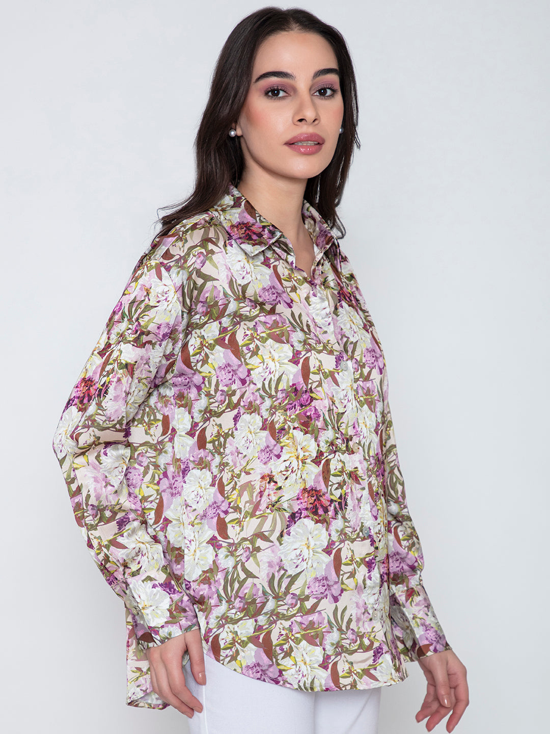 Purple Mariana Floral Printed Satin Relaxed Fit Shirt