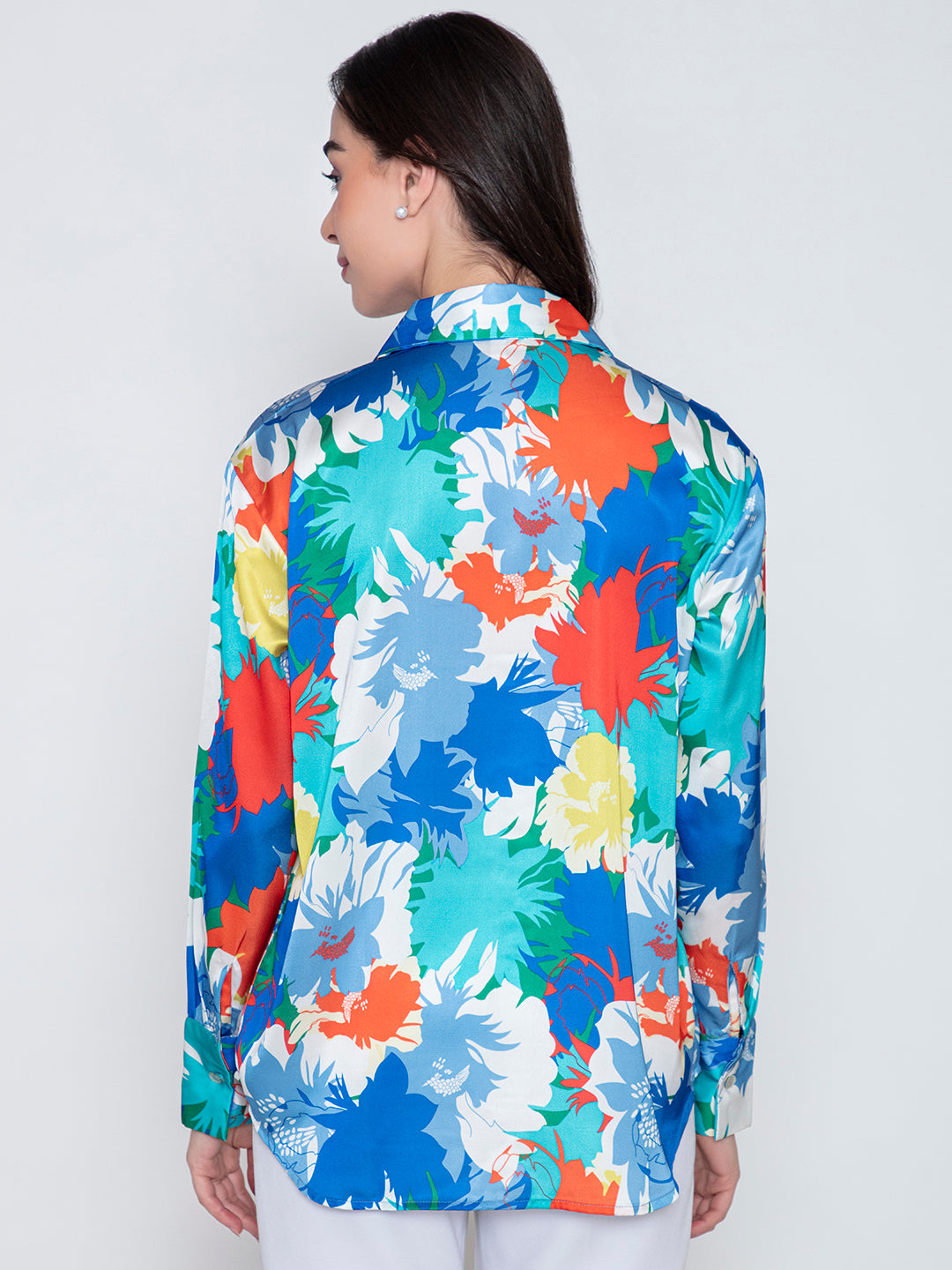 Blue Mariana Floral Printed Satin Relaxed Fit Shirt