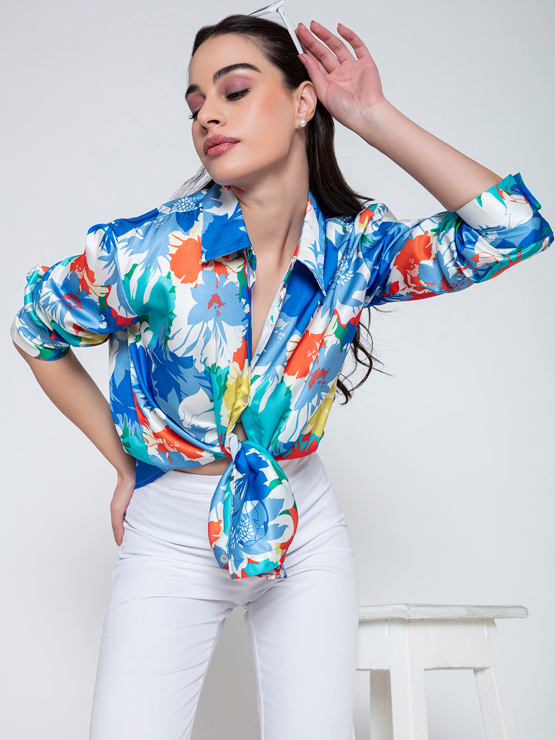 Blue Mariana Floral Printed Satin Relaxed Fit Shirt
