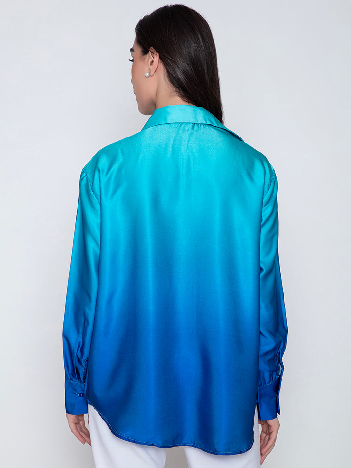 Blue Diva Ombre Satin Relaxed Fit Shirt