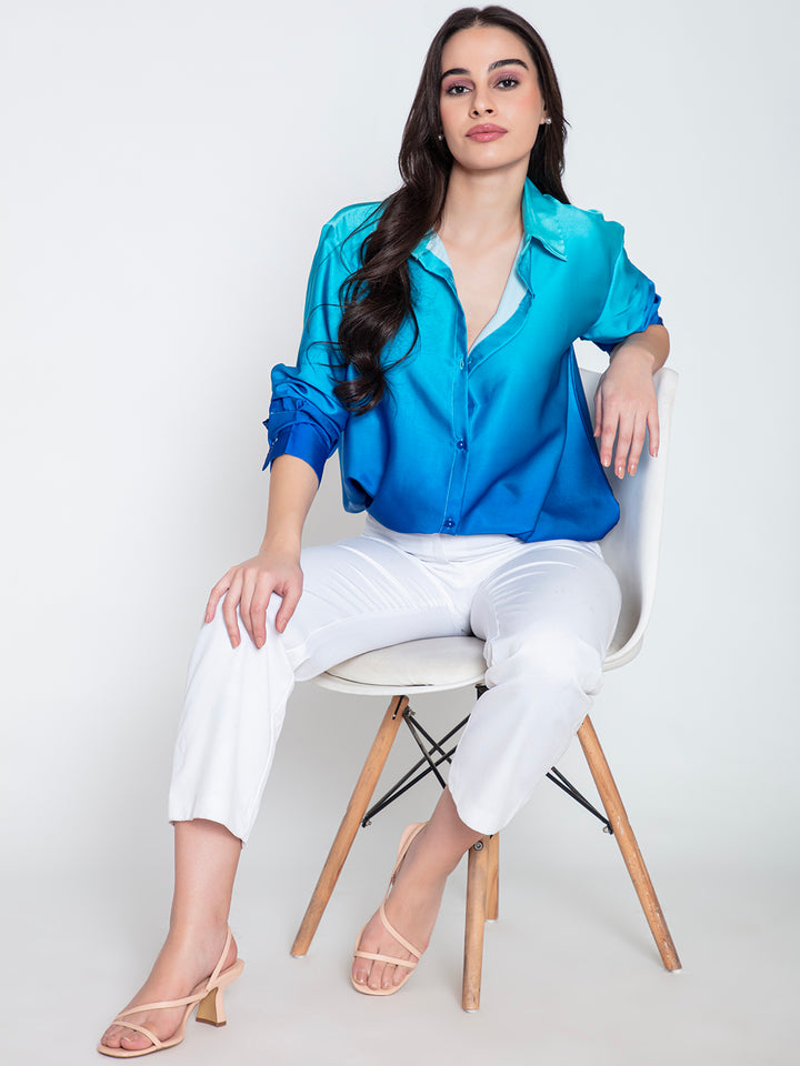 Blue Diva Ombre Satin Relaxed Fit Shirt