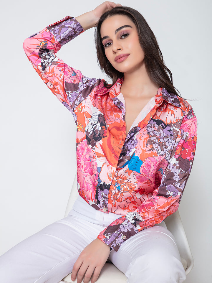 Pink Mariana Floral Printed Satin Relaxed Fit Shirt