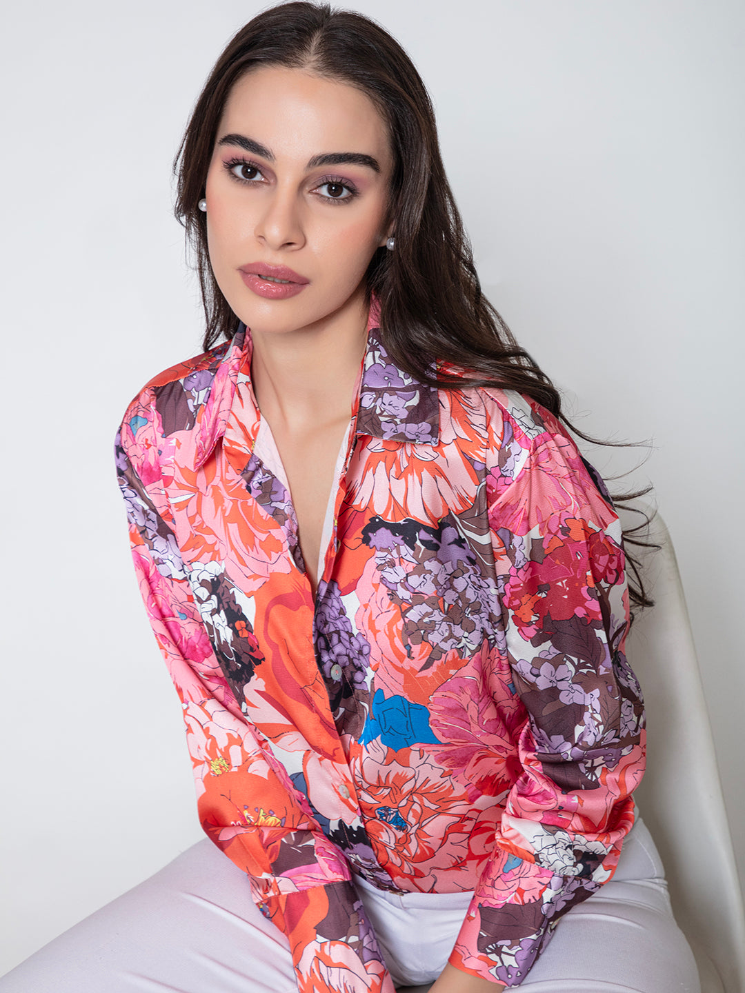 Pink Mariana Floral Printed Satin Relaxed Fit Shirt