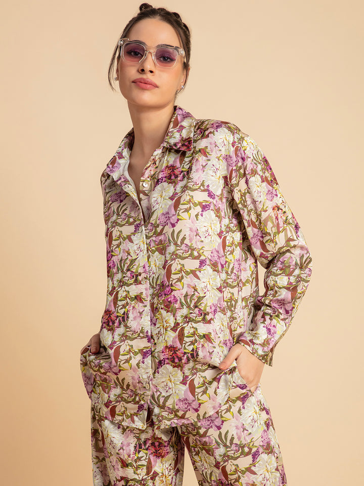 Purple Mariana Floral Printed Satin Co-ords