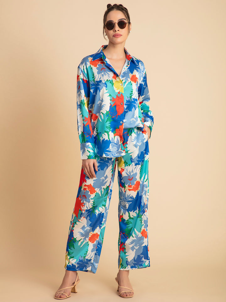 Blue Mariana Floral Printed Satin Co-ords