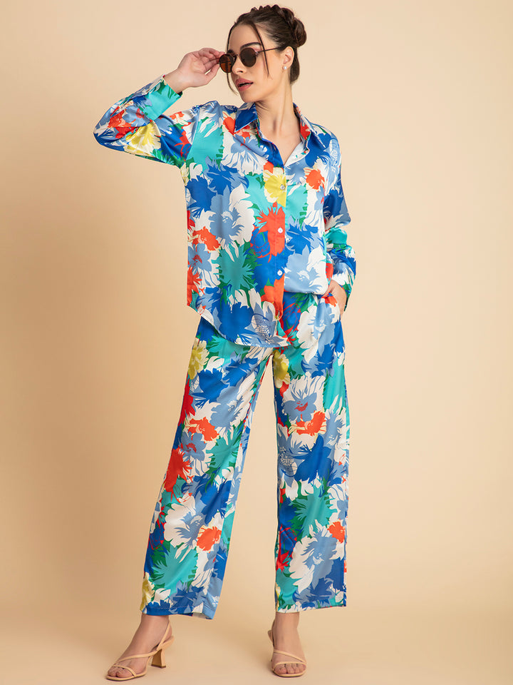 Blue Mariana Floral Printed Satin Co-ords