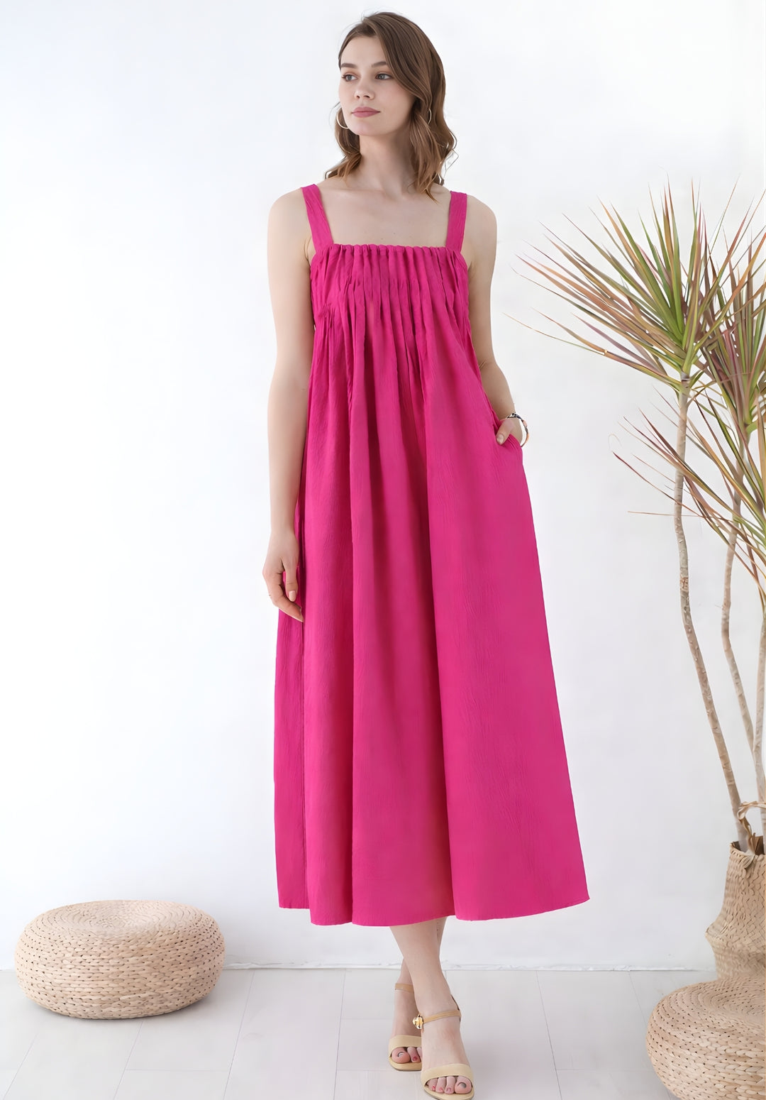 Pink Pleated Pure Cotton A-Line Smoked Waist Dress
