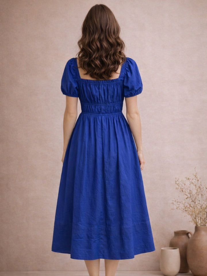 Blue Pure Cotton A-Line Smoked Waist Dress