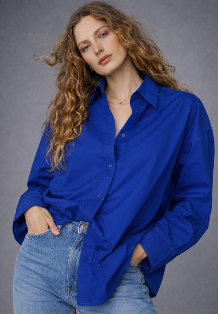 Royal Blue Baggy Oversized Fit Pure Cotton Poplin Shirt