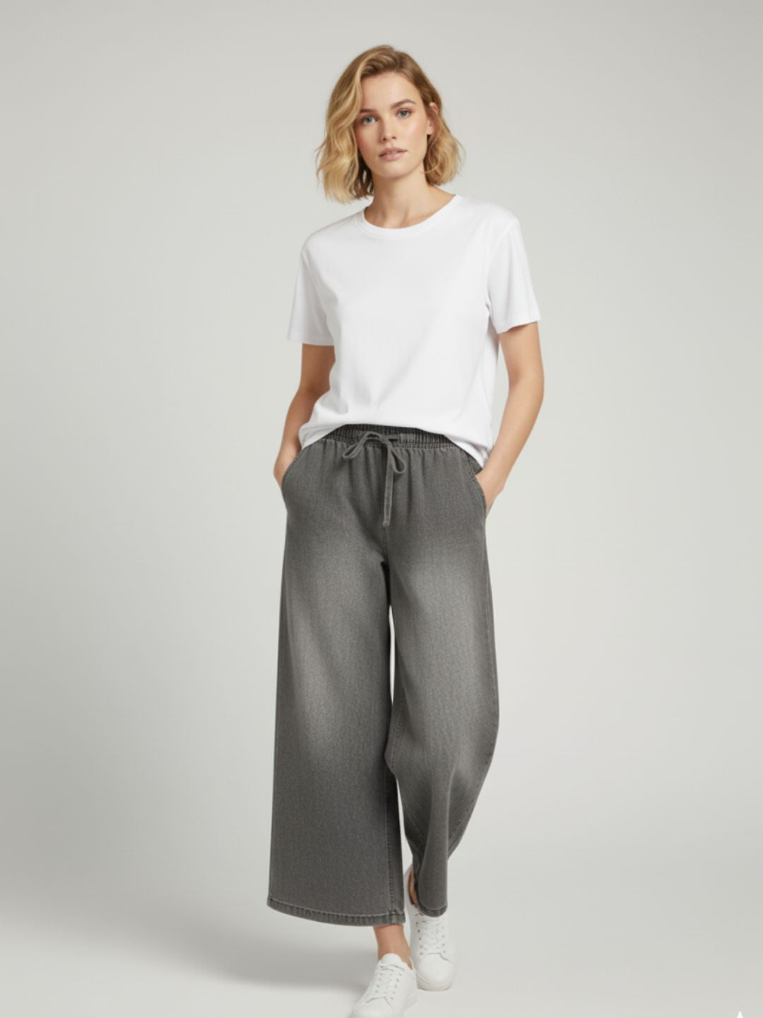 Grey Denim Drawstring Trousers