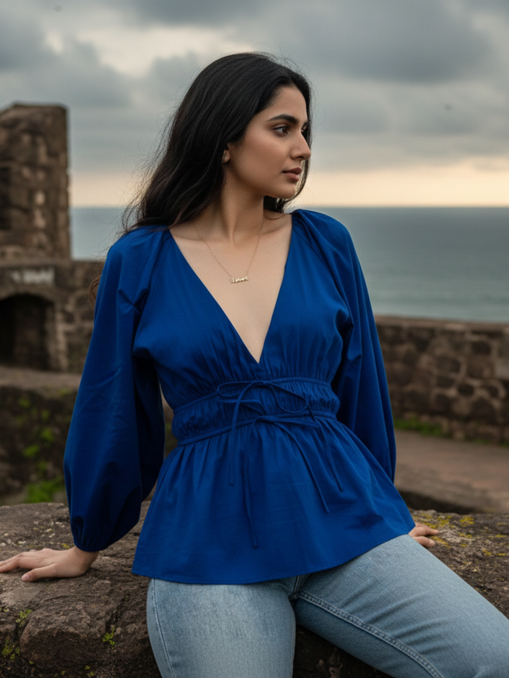 Lounge Dreams Blue Poplin Cotton V-Neck Top