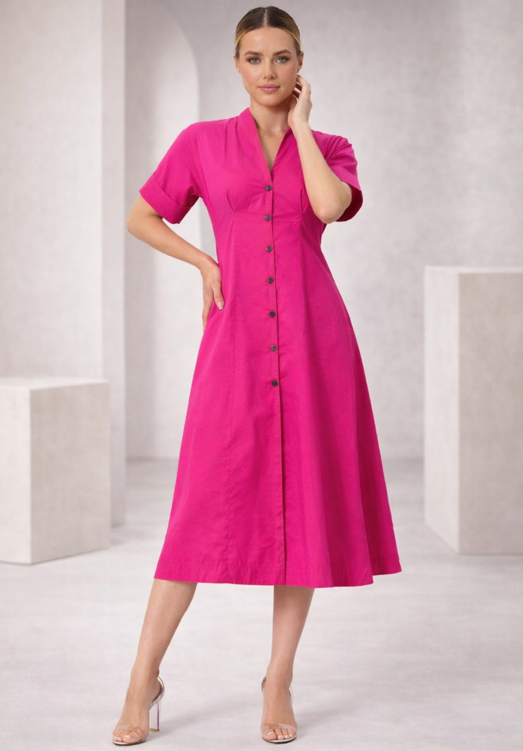 Pink Pure Cotton A-Line Buttoned Dress