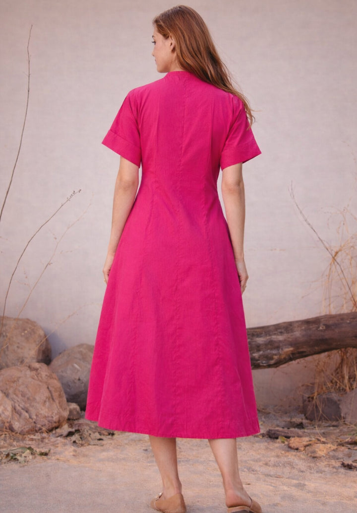 Pink Pure Cotton A-Line Buttoned Dress