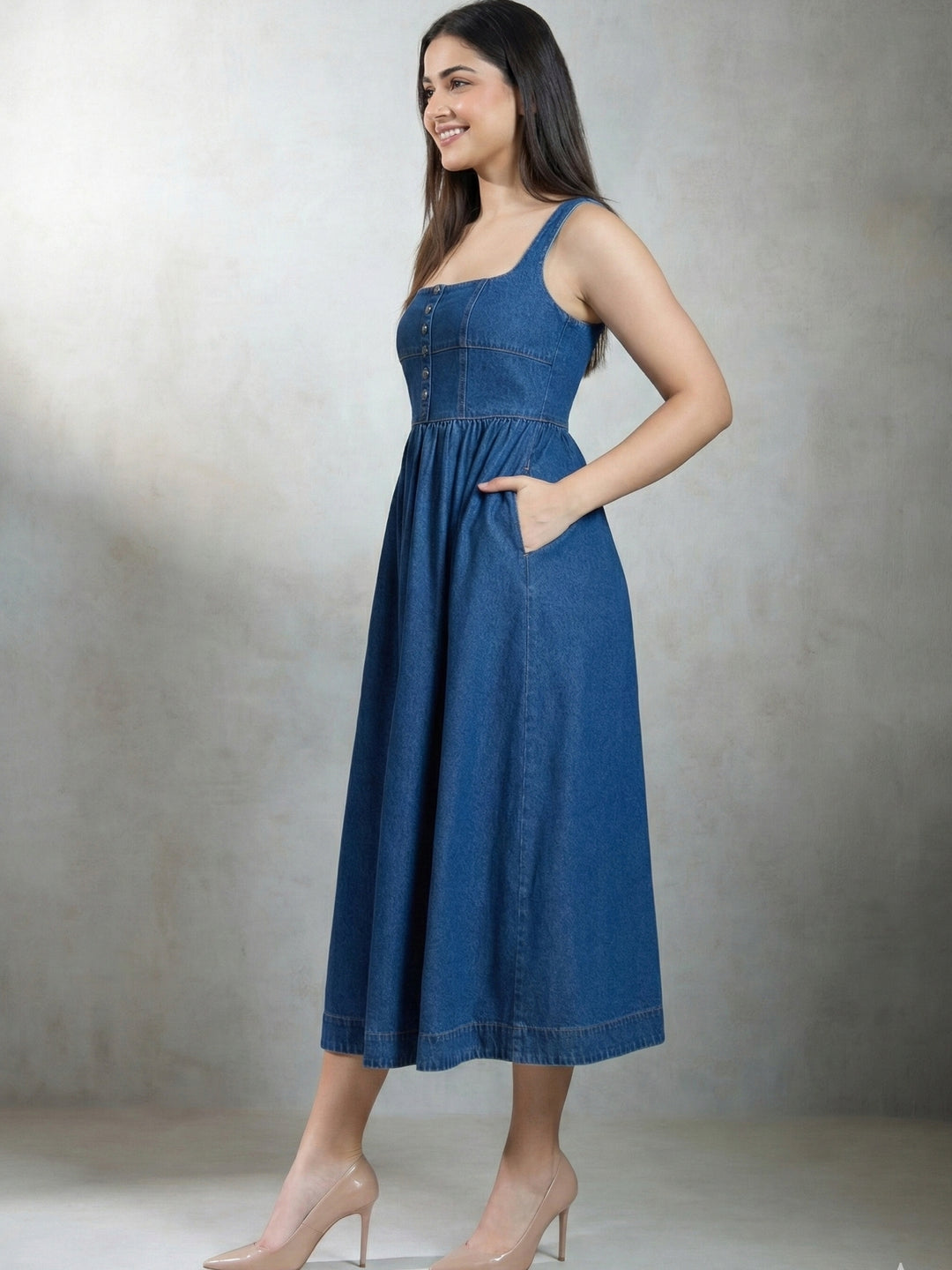 Blue Denim Flared Midi Dress