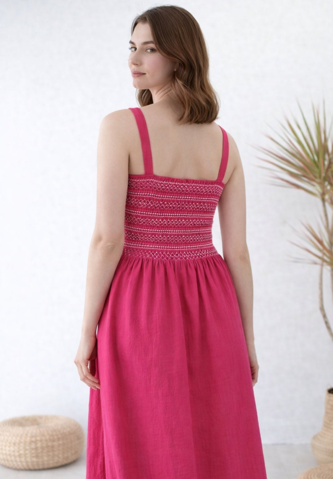 Pink Pleated Pure Cotton A-Line Smoked Waist Dress