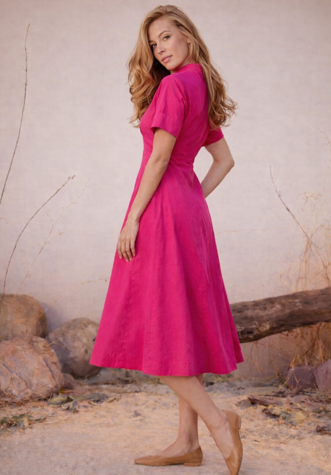 Pink Pure Cotton A-Line Buttoned Dress