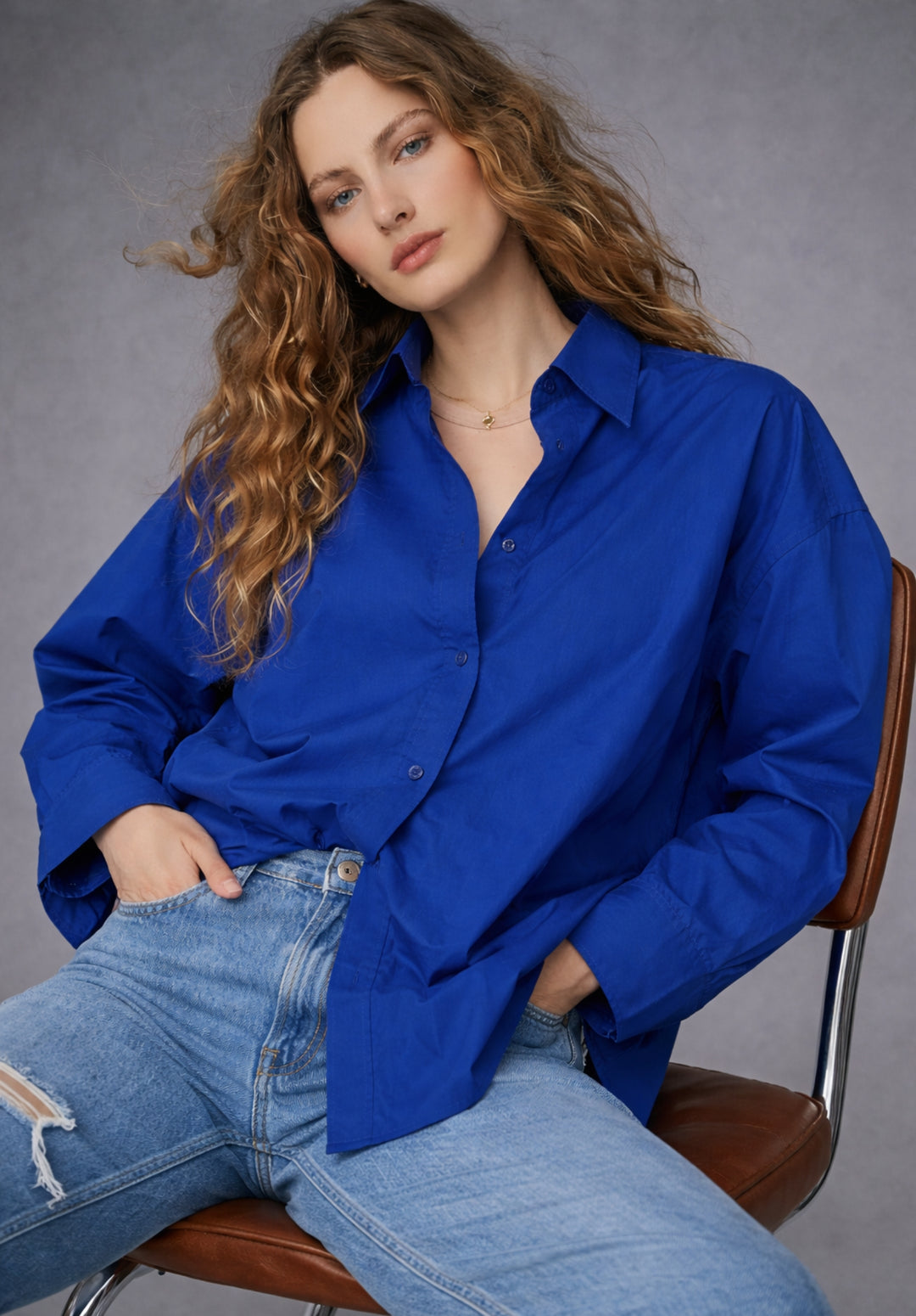Royal Blue Baggy Oversized Fit Pure Cotton Poplin Shirt