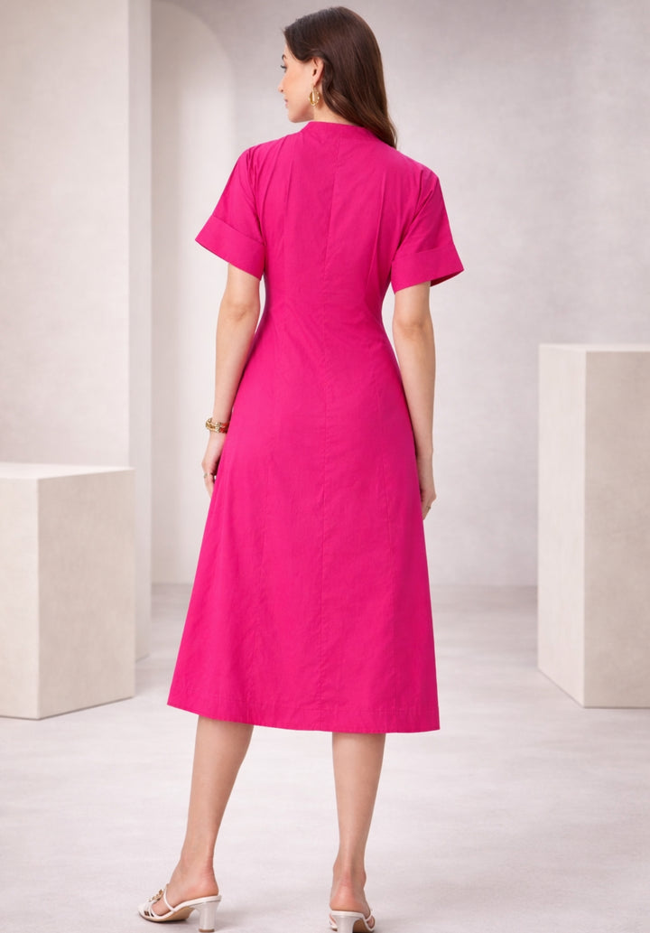 Pink Pure Cotton A-Line Buttoned Dress