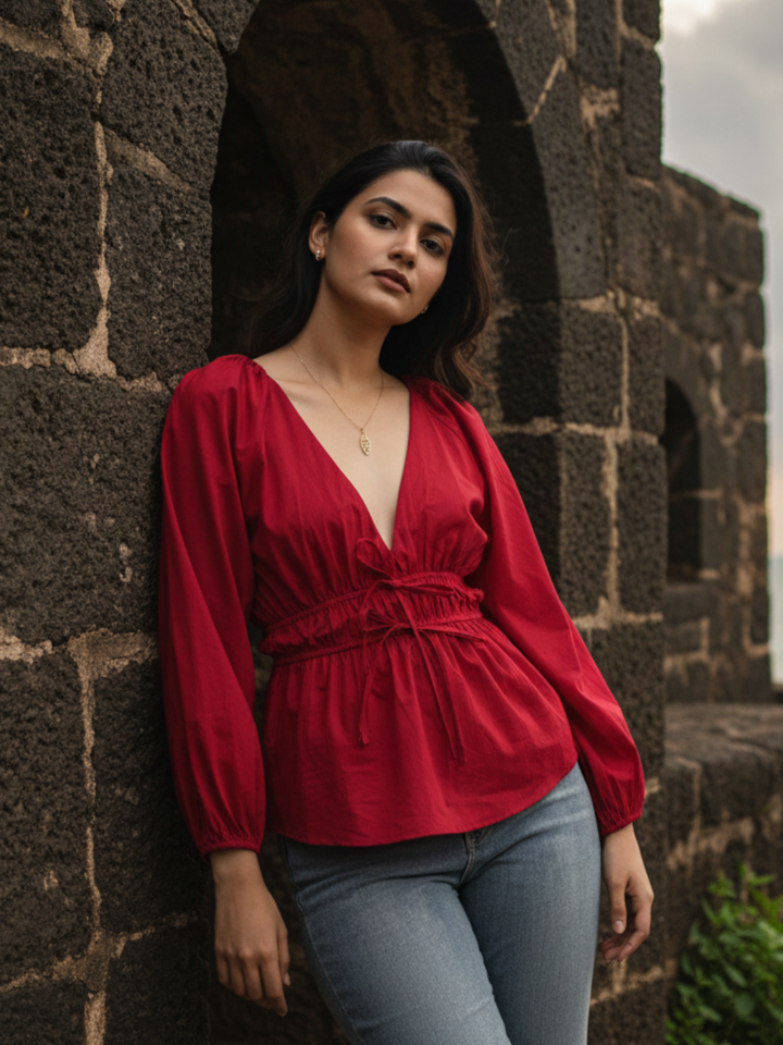 Lounge Dreams Pink Poplin Cotton V-Neck Top