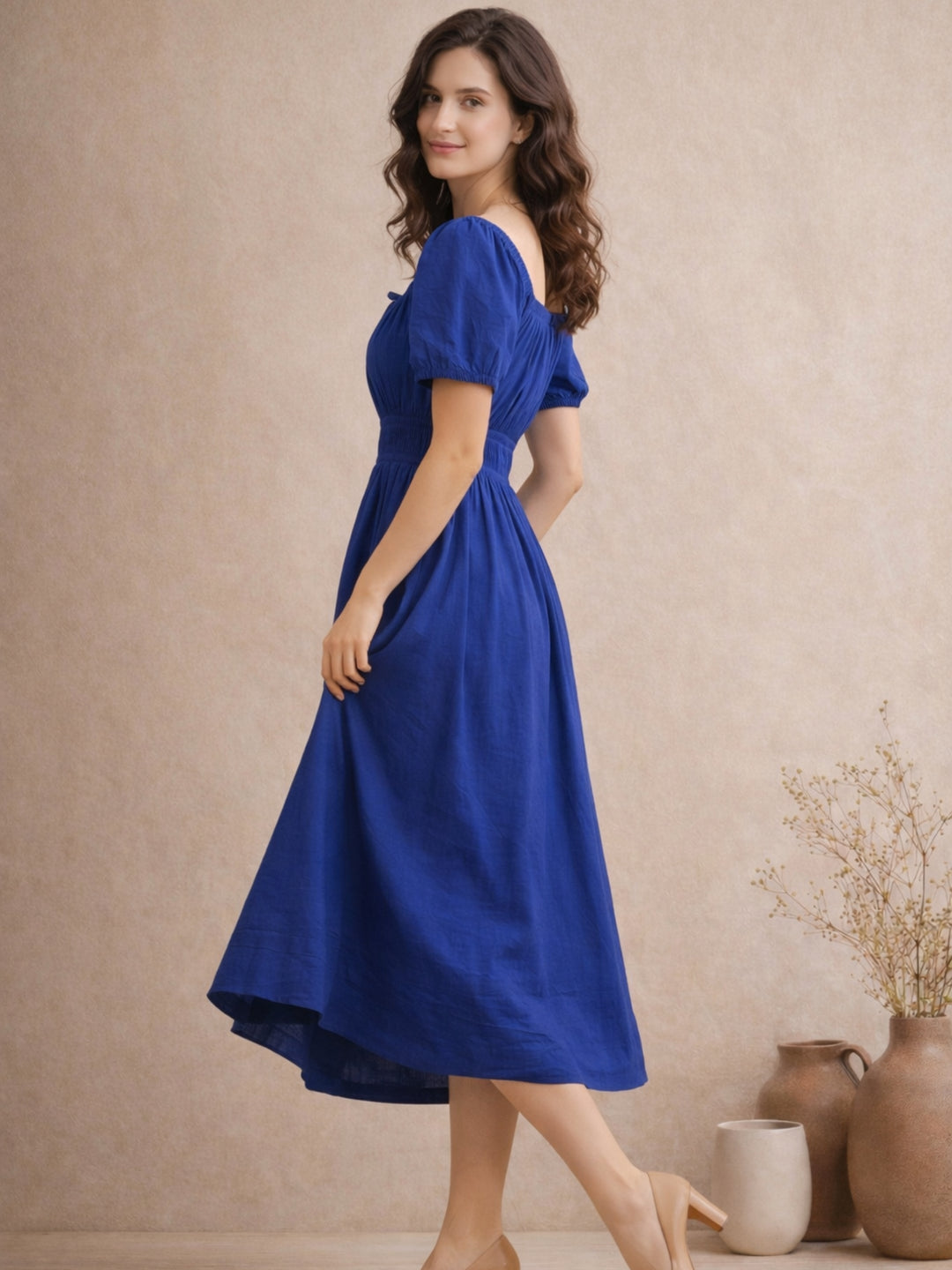 Blue Pure Cotton A-Line Smoked Waist Dress