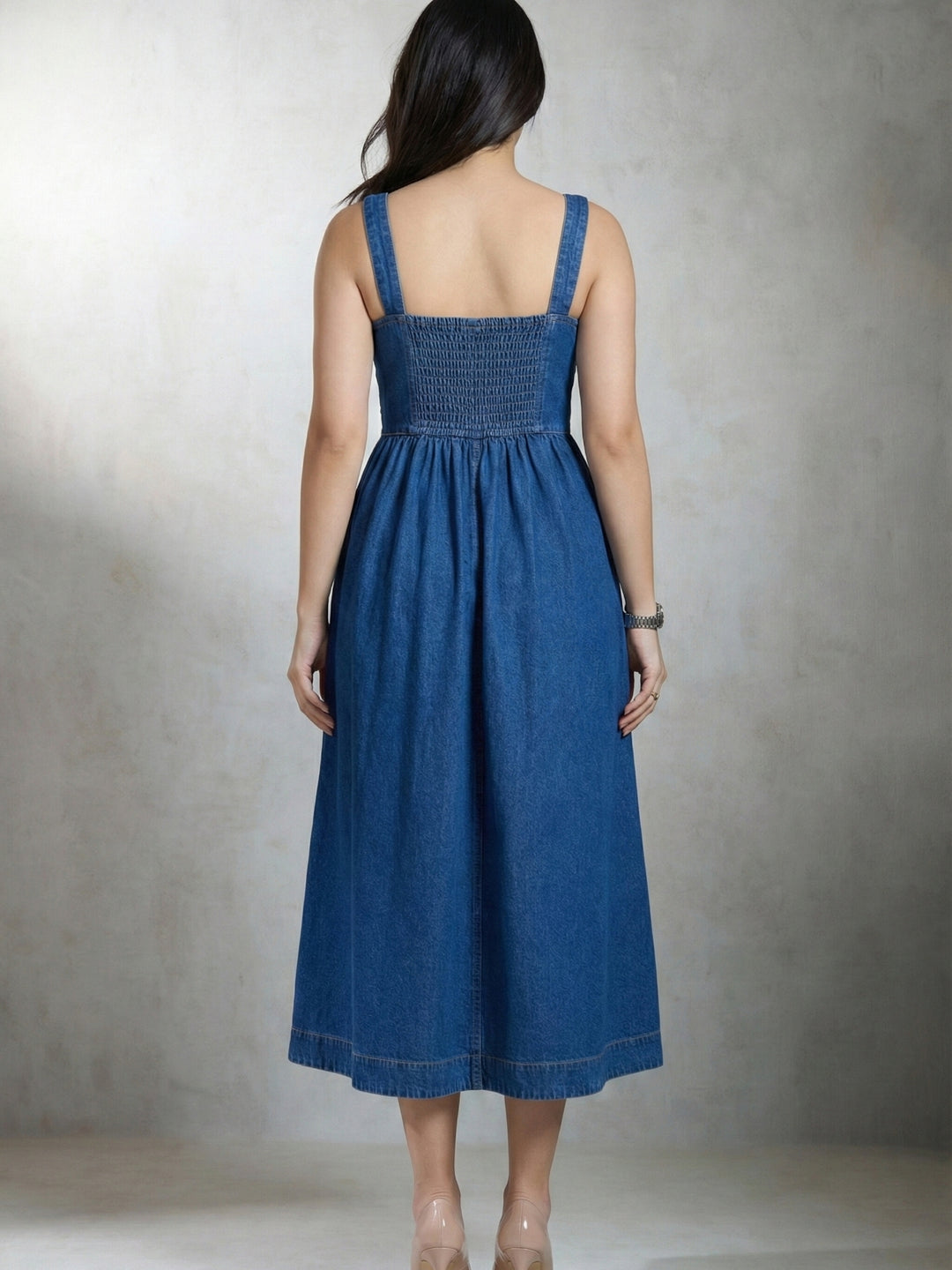 Blue Denim Flared Midi Dress