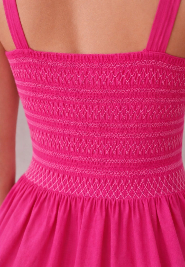 Pink Pleated Pure Cotton A-Line Smoked Waist Dress